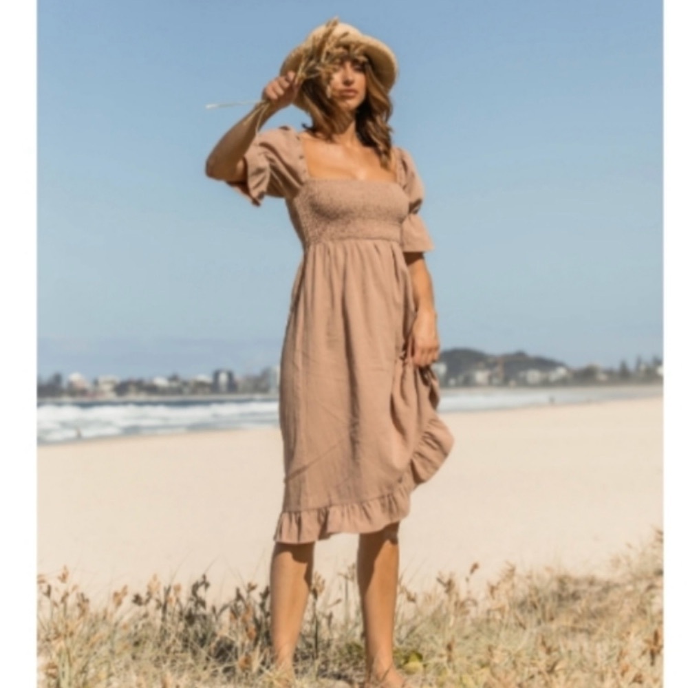 Girl and The Sun Soleil Tan Midi Dress, Large